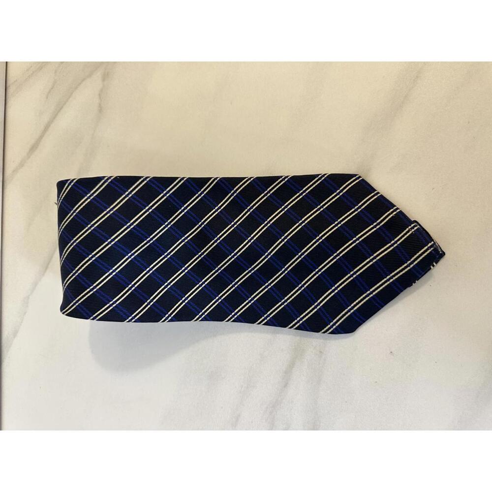 Vintage Polo by Ralph Lauren navy/royal blue/cream plaid/windowpane silk necktie